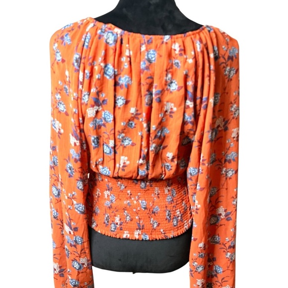 Free People | NWT Final Rose Orange Floral Ruched Blouse | Sz S - Picture 7 of 13